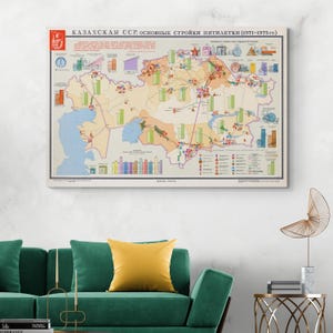 Mappa del Kazakistan del 1972, blocco orientale sovietico, geografia, storia del Kazakistan, guerra fredda, cartografia, decorazione, stampa artistica