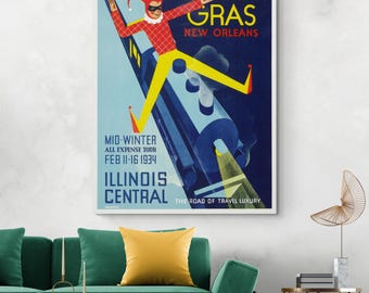 Puede incluir: Un cartel vintage del Mardi Gras con un arlequín rojo y amarillo sobre un tren azul. El cartel anuncia un tour con todos los gastos pagados en invierno de 1934 a Nueva Orleans, con la marca "Illinois Central".