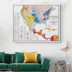 Carte des langues autochtones de l'Amérique du Nord et de l'Amérique centrale Anthropologie linguistique mésoaméricaine précolombienne, décoration historique Impression d'art