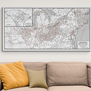 Kaart van de ondergrondse spoorwegroutes naar Canada Road to Freedom Afro-Amerikaanse geschiedenis Decor Fine Art Print