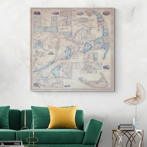 1858 Karte von Barnstable, Dubes & Nantucket County Massachusetts Cape Cod Martha's Vineyard amerikanische Kartographie Geschichte Dekor Fine Art Print