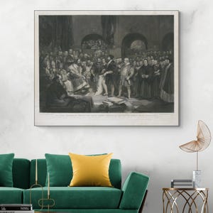 May include: A black and white historical illustration depicting a group of people in a formal setting. The scene appears to be a meeting or a signing of a document. The people are dressed in period clothing and are standing or sitting around a table. The illustration is titled "The Lord Protector presenting the Treaty of Westphalia to the States General, 1648."