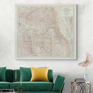 May include: A framed topographic map of Sequoia and General Grant National Parks, California. The map features a detailed, vintage design with shades of brown, beige, and blue. The map is displayed above a green sofa with a yellow pillow.
