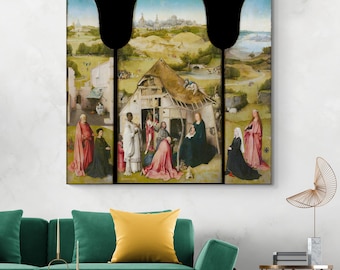 Die Anbetung der Könige von Hieronymus Bosch, c.1494 - Frühes niederländisches Triptychon, das Krippe mit Königen, Symbolen und Geheimnis darstellt