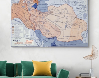 Historische Karte des Iran – der Safavi Dynastie im 16.und 17.Jahrhundert mit den persischen Provinzen, Städten, Handelswegen und Nachbarreichen