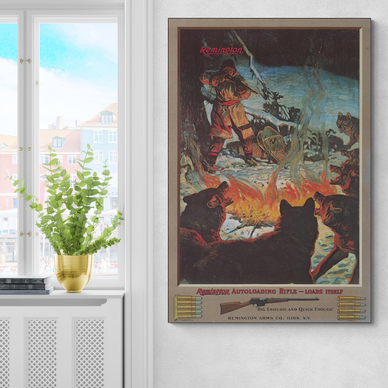 May include: Vintage Remington rifle advertisement. The artwork depicts a hunter in a snowy landscape with wolves gathered around a fire. The text reads "Remington Autoloading Rifle - Loads Itself".