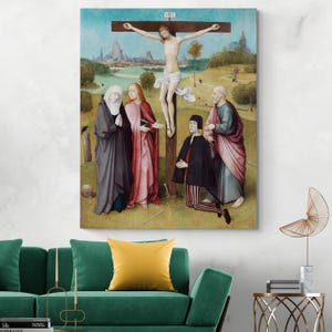 Crucifixion with a Donor by Hieronymus Bosch – 15th Century Early Netherlandish Gothic Panel Painting Depicting Christ’s Passion & Patron