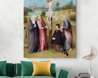 Kreuzigung mit einem Spender von Hieronymus Bosch - Frühmittelalterliches holländisches Tafelbild aus dem 15