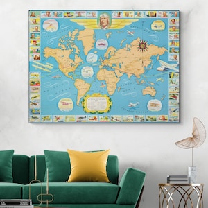 Famous Flights & Air Routes Pictorial Map – Historic World Aviation Map Featuring Transatlantic, Polar, Global Flight Paths and Records