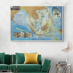 1944 Pictorial NavWar Navy Map of South East Asian Theater – WWII Naval Military Cartography – Battle Zones, Fleet Movements & Campaigns