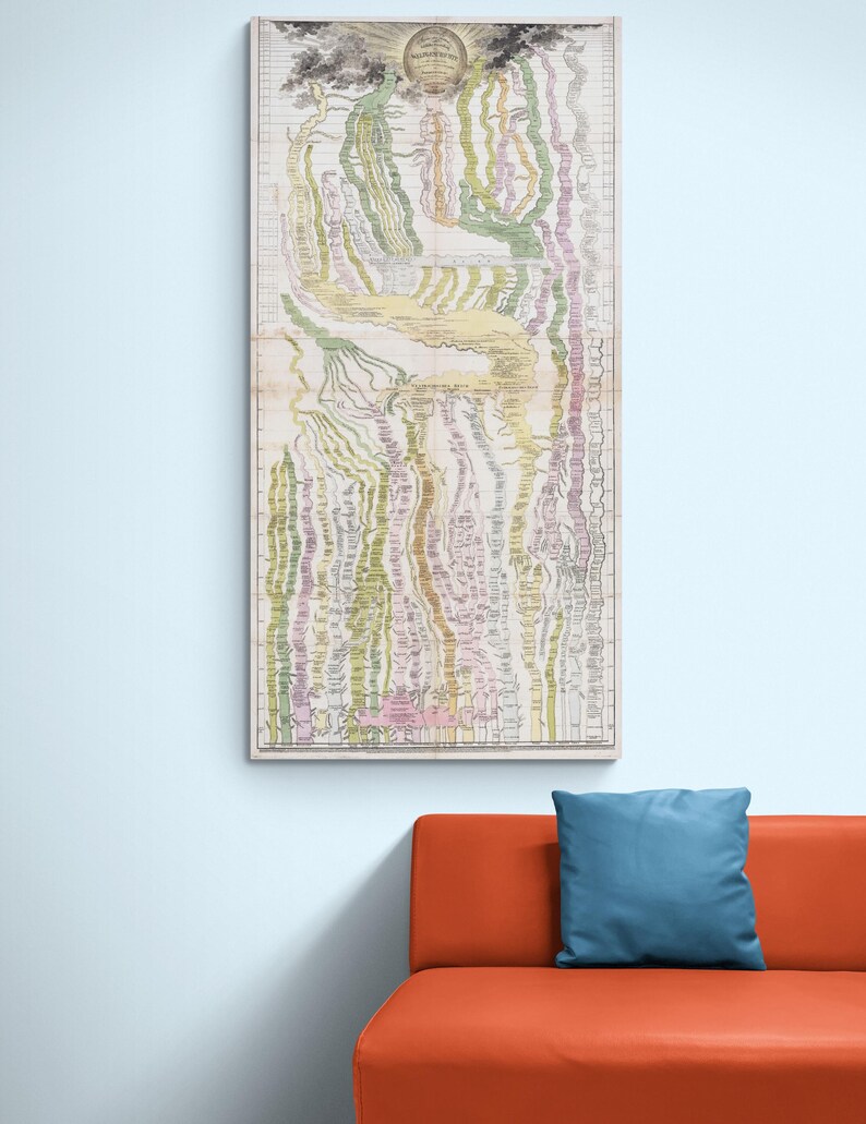 K&ouml;nnte beinhalten: Ein gerahmter Vintage-Kartendruck mit einem detaillierten, farbenfrohen Design. Die Karte zeigt eine komplexe Anordnung von Linien und Formen in Gr&uuml;n-, Gelb-, Rosa- und Lilat&ouml;nen. Der Druck ist rechteckig und auf einem wei&szlig;en Rahmen montiert.