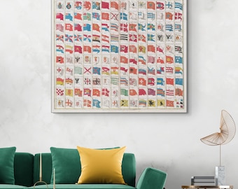 Weltkarte - Nautische Vexillologie Kunstdruck | Maritime Signalflaggen-Geschichte Dekor | Vintage Meer Poster