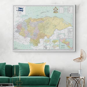 May include: A framed vintage map of Honduras, featuring detailed cartography in a palette of pastel colors. The map includes the country's borders, cities, and geographical features. The title "MAPA GENERAL HONDURAS" is visible at the top.