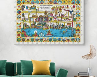 Pictorial Map of Varanasi Kashi India – Sacred Hindu Pilgrimage City on the Ganges River Featuring Cosmological and Religious Cartography