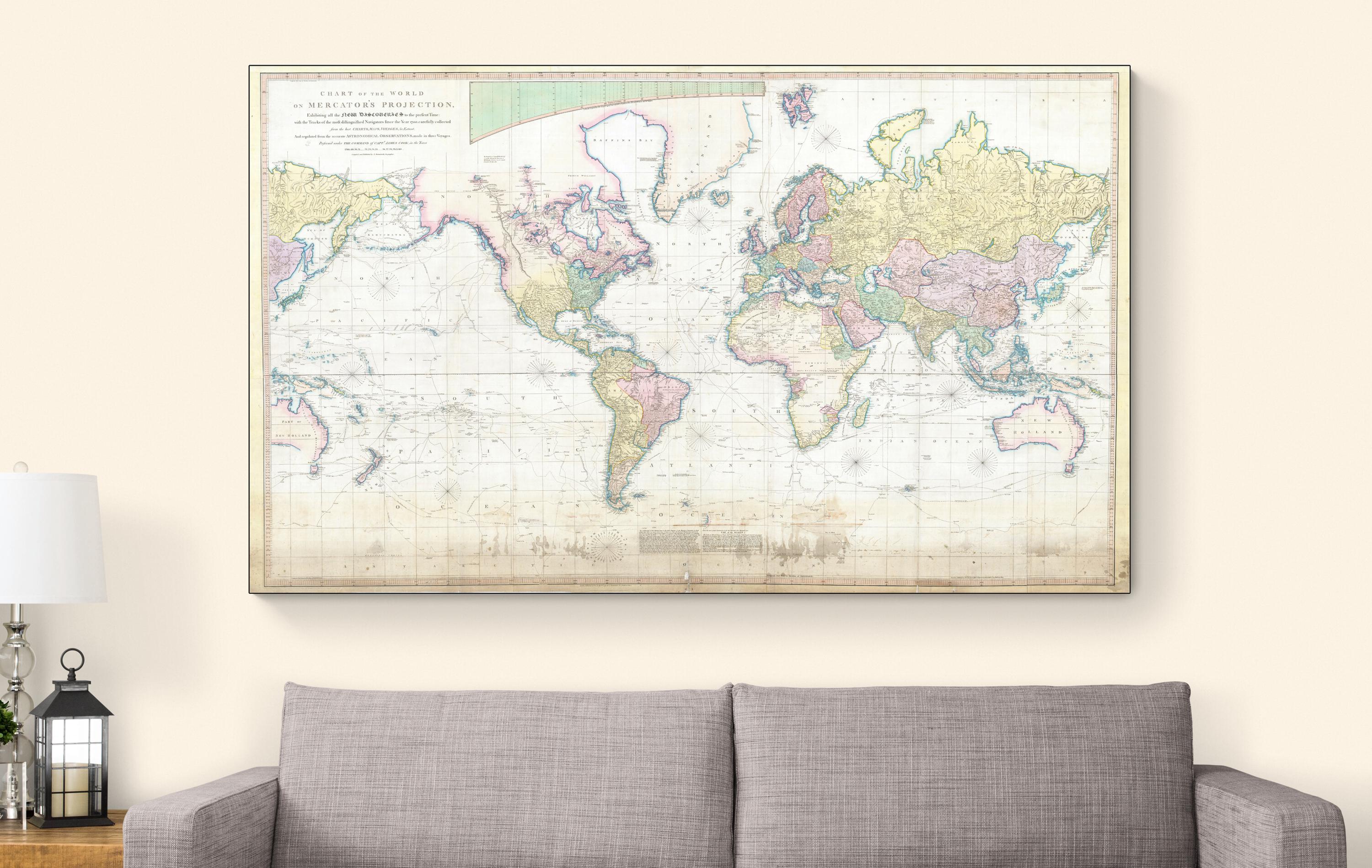 1790 Aaron Arrowsmith Chart of the World – Mercator Projection Showing ...
