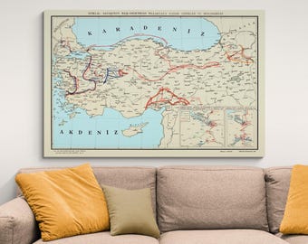 May include: A vintage map of Turkey showing military campaigns and movements during World War I. The map is printed on cream-colored paper with red and blue lines indicating troop movements. The map is titled "Historical Campaigns of the Turkish Army from the Caucasus to the Mediterranean Sea."