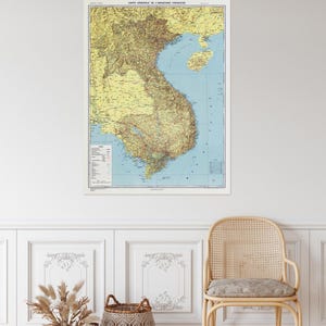 Mapa de la Indochina francesa de 1954, Vietnam, Camboya, Laos, historia de la Indochina colonial, cartografía, decoración, impresión artística