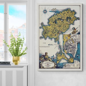 Pictorial Map of the Island of Ibiza – Illustrated Balearic Islands Map Featuring Landmarks, Coastlines, and Spanish Cultural Icons