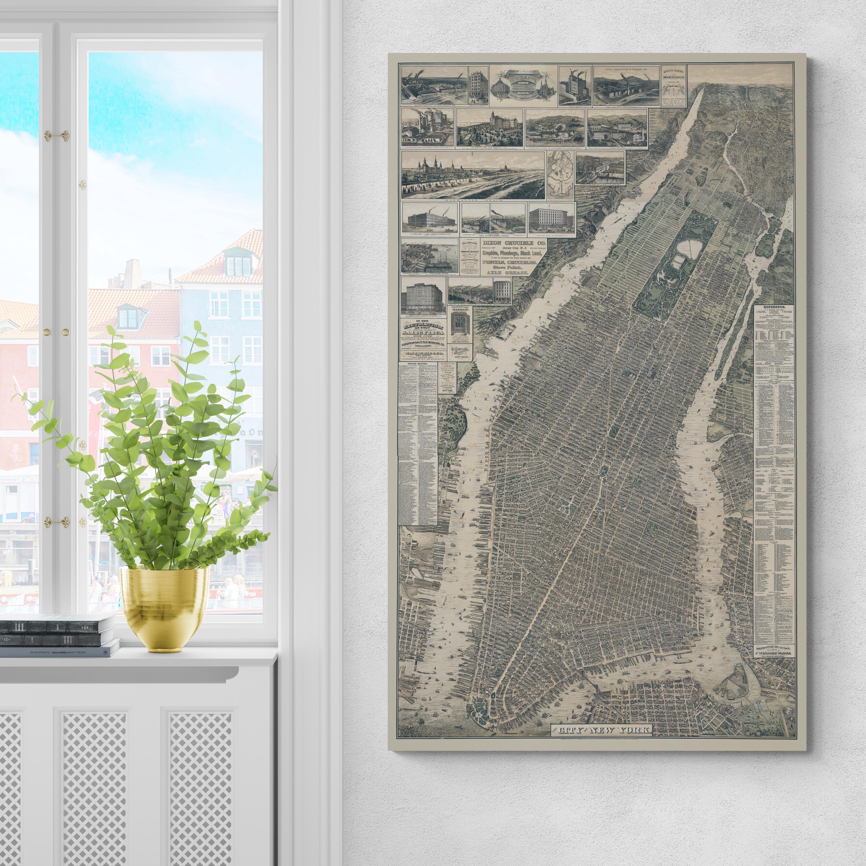 1879 Bird's-eye View of Manhattan – Illustrated Aerial Map of New