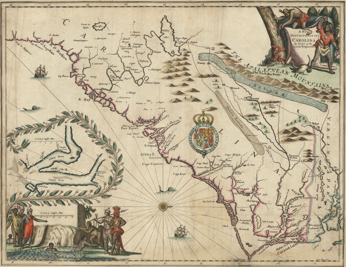 1673 Lord Proprietor's Map of the Carolinas Colonial America History