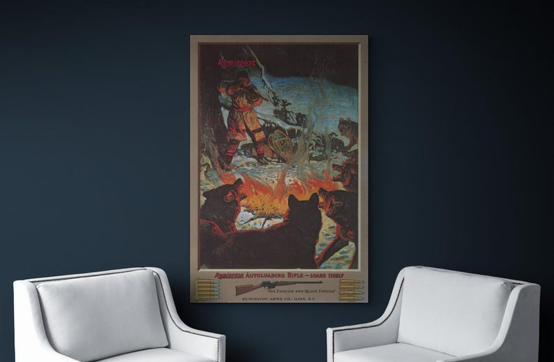 May include: Vintage framed poster featuring a hunting scene with a campfire and wolves. The poster has text at the top and bottom, including "Remington" and "Automatic Autoloading Rifle." The artwork is in shades of brown, red, and blue.