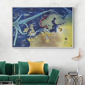 1944 Pictorial NavWar Navy Map of North Atlantic & Western Europe – WWII Naval Military Cartography – Battle Zones, Routes and Theaters
