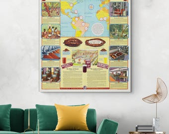 Carte illustrée des sources de cacao dans le monde avec des vignettes détaillées illustrant les processus et les régions de production de chocolat traditionnels et modernes