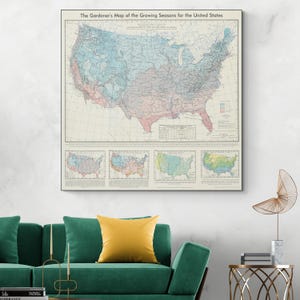 Carte des saisons de croissance aux États-Unis, décoration historique de l'agriculture agricole américaine, impression d'art