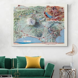 Puede incluir: Mapa vintage de Japón con el monte Fuji, con topografía detallada y redes viales rojas. El mapa incluye texto japonés y un mapa más pequeño en un recuadro. La paleta de colores incluye tonos de azul, verde y marrón.