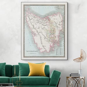 Mapa de Tasmania de 1834. Geografía oceánica de la Tierra de Van Dieman. Cartografía de Tasmania. Historia. Decoración. Impresión de bellas artes.