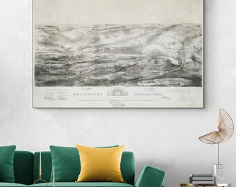 Mapa Gettysburga z lotu ptaka z 1863 r. – ilustracja pola bitwy wojny secesyjnej przedstawiająca pozycje wojsk, teren i miasto podczas kluczowego zwycięstwa Unii