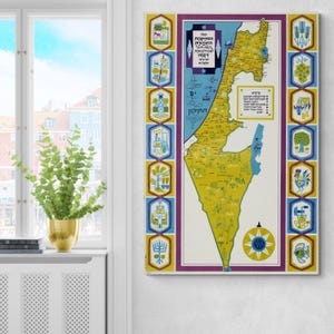 Bildhafte Karte der israelischen Kibbutzim - Siedler im Heiligen Land Druck, Vintage Israel Geographie Kunst, Geschichtswanddekor des Nahen Ostens