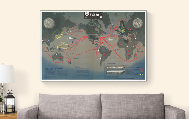 Navwar Base 1944 Pictorial Navwar Navy Map of the World – WWII Naval Cartography ...