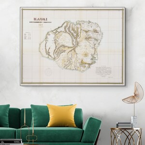 Mapa de Kauai, Hawái, 1878. Cartografía hawaiana polinesia americana. Historia. Decoración. Impresión de bellas artes.