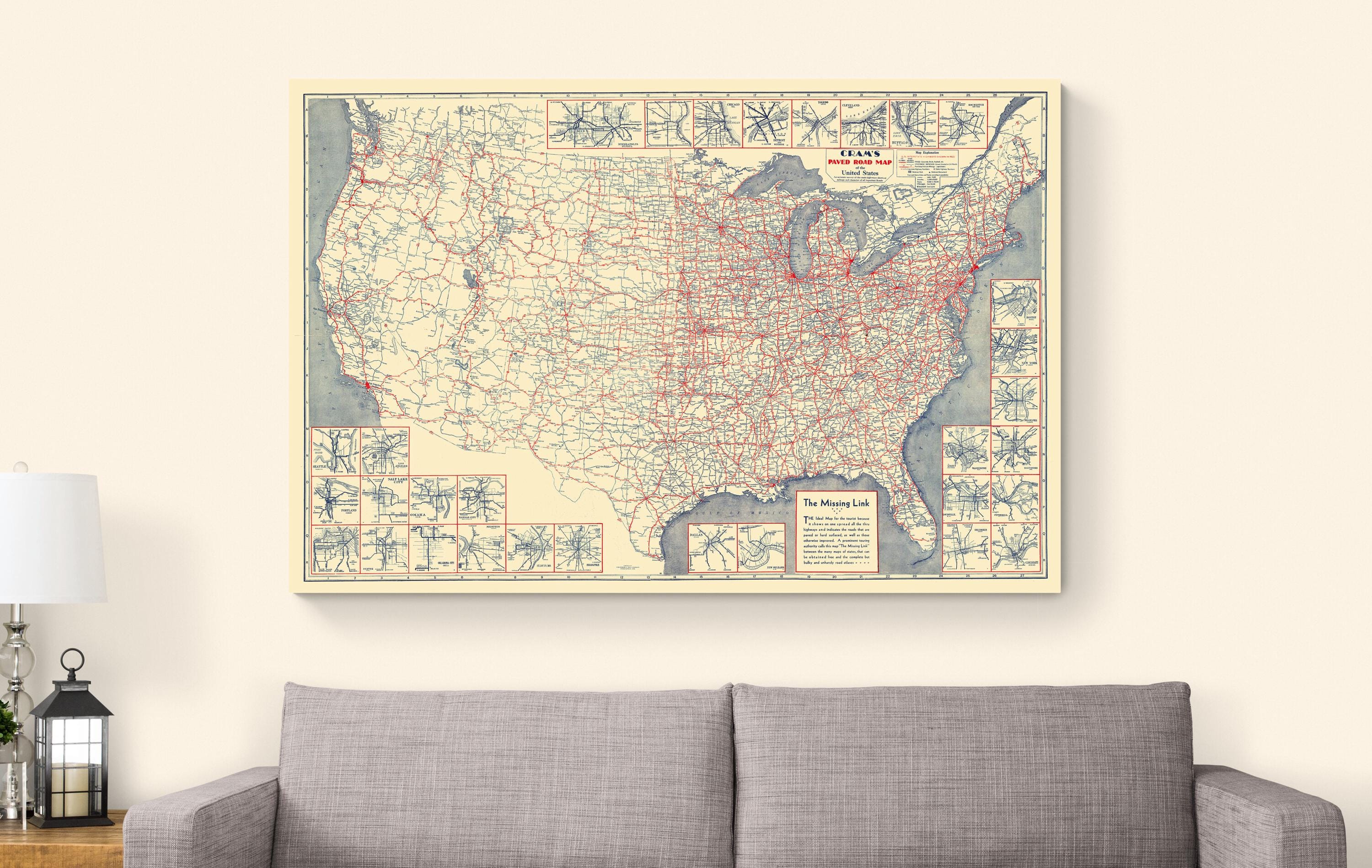 1930 Road Map of the United States – Detailed Vintage Map Showing Major