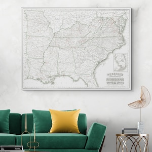 Mapa militar do sul dos Estados Unidos de 1863, cartografia, história da guerra civil americana, decoração, impressão de belas artes
