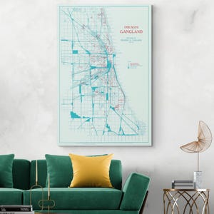 Carte des gangs de criminels de Chicago, Illinois, 1927, interdiction des gangs, époque de la mafia, histoire américaine, décoration, impression d'art