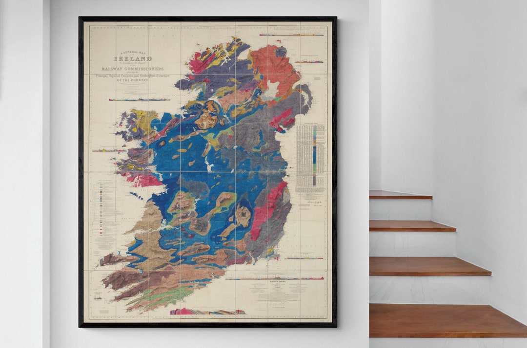 1855 Geological Wall Map of Ireland History Antique Geology Classroom Decor Cartography Fine Art