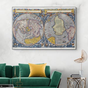 1593 De Jode Weltkarte - Doppelter Hemisphäre antiker Globus Druck, Vintage Kartographie Wandkunst, alte Weltgeschichte Dekor