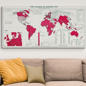 May include: A vintage map of the world showing the member countries of the League of Nations in 1927. The map is printed in black and white with red highlights indicating the member countries. The map is titled "The League of Nations 1927" and includes a list of member countries and their dates of admission.
