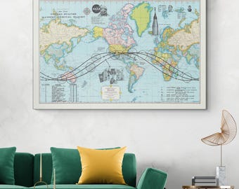 1962 NASA Map of Mercury-Atlas 6 Mission – First Crewed American Orbital Spaceflight John Glenn Space Exploration History Decor Print
