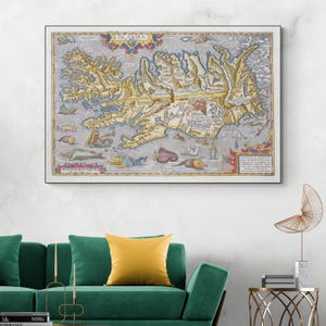 Mappa dell&#39;Islanda di Abraham Ortelius del 1603 – Cartografia antica – Mostri marini, geografia costiera e creature marine mitiche nel Nord Atlantico