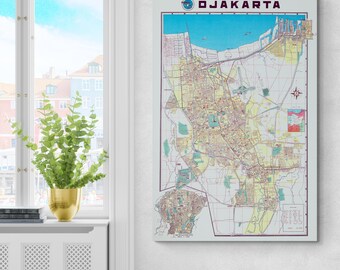 May include: A vintage map of Jakarta, Indonesia, with a blue and white sky background. The map shows detailed streets, buildings, and landmarks in various colours. The word "DJAKARTA" is at the top of the map.