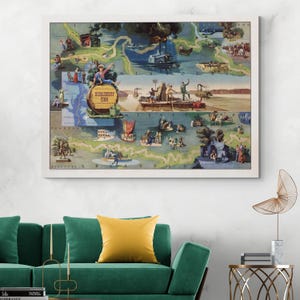Geïllustreerde kaart van de avonturen van Huckleberry Finn uit het boek van Mark Twain Amerikaanse literatuurgeschiedenis decor Fine Art Print