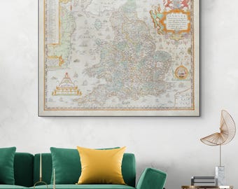 1579 Christopher Saxton Map of England & Wales – First English-Printed Map – Queen Elizabeth I Era Britain, Ships, Sea Monsters and Heraldry