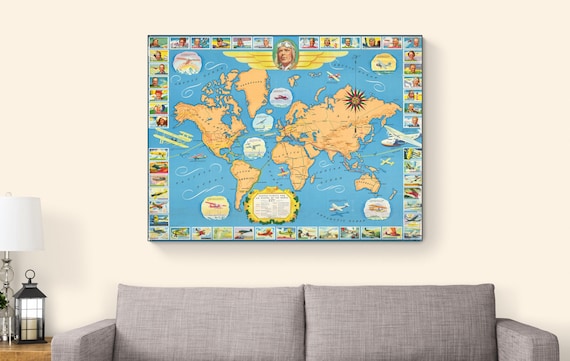 【デッドストック】レア70sユナイテッド航空ロイヤルハワイアン地図フレームマット Famous Flights & Air Routes Pictorial Map – Historic World