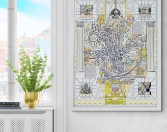 Bildkarte von Bath England - Illustrierte Karte mit römischen Bädern, georgianischer Architektur, historischen Straßen und historischen Denkmälern