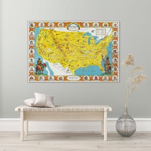 アメリカ開拓時代の絵地図、アメリカ西部開拓史、カウボーイ、インディアン、無法者、ガンマン、歴史地図、装飾、美術印刷