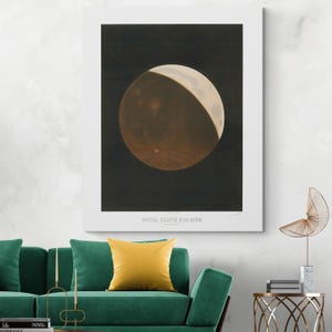 May include: A vintage illustration of a partial eclipse of the moon. The moon is partially obscured by the Earth's shadow, creating a dark, reddish-brown color on the surface of the moon. The image is set against a black background.