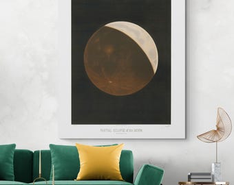 Ilustración de Trouvelot del siglo XIX de un eclipse lunar parcial: lámina de astronomía celestial, decoración de pared vintage con fases lunares